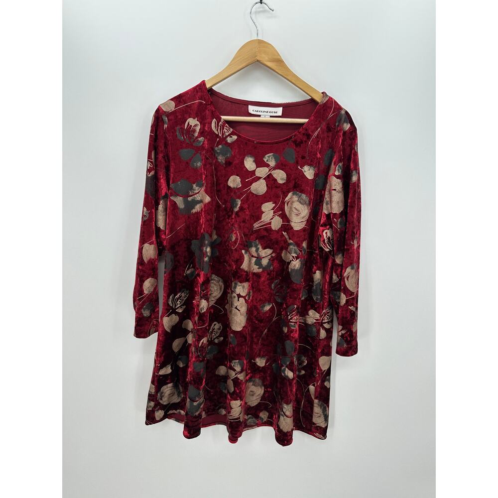 Caroline Rose Womens Red Floral Velvet Mini Dress Size L Tunic Holiday Vamp Goth